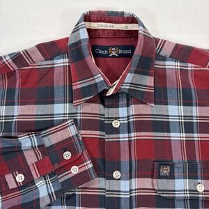 Cinch Brand Mens Small Red Blue Plaid Long Sleeve Button Down Western Shirt